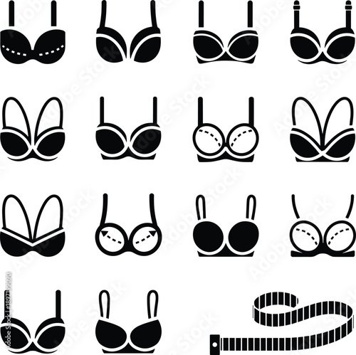 Bra lingerie silhouette icons set, women underwear styles collection, push up support bras fitting guide symbols, fashion apparel graphics, cad drawing flat vector illustration
