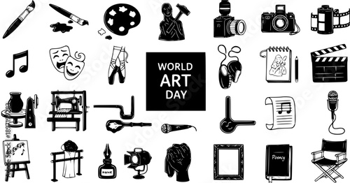 Black and White Line Art Icons Representing Various Arts and Creative Activities