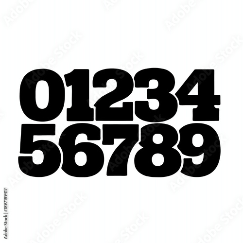 Bold, black numbers from 0 to 9, arranged in two rows on a plain white background. The font is thick and stylized.