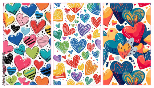 Cheerful hand-drawn heart pattern triptych set with colorful doodles and sketchy textures on white