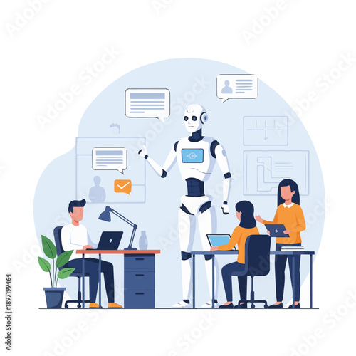 A robot interacting with two people in a modern office environment from a slightly elevated viewpoint