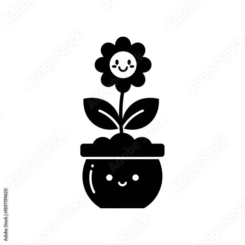Cute kawaii flower growing in a pot, black and white simple illustration
