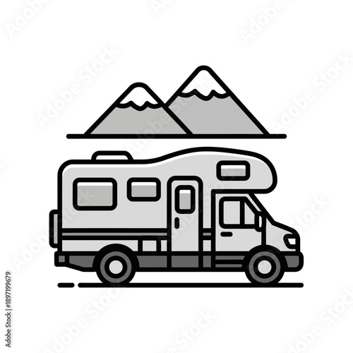 RV Camper Van with Mountains Icon - Travel Adventure and Camping