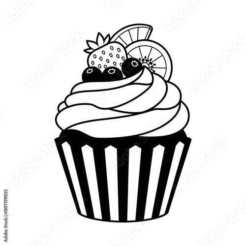 Cupcake outline with fruit topping: strawberry, blueberries, orange slice, kiwi slice