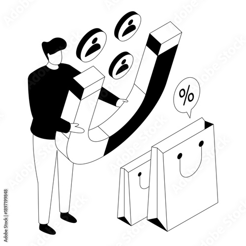 Avatars with magnet, illustration of attract customers 