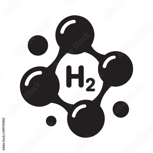 A simplified black and white illustration depicts a hydrogen molecule with atomic structure and chemical notation