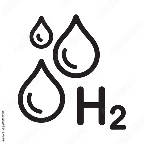 A simple black and white illustration depicts three water droplets alongside the chemical formula for hydrogen