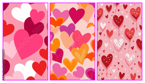 Romantic heart pattern triptych set featuring vibrant pink, red, and orange hearts and balloons