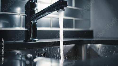 Modern Kitchen Faucet Water Flowing Into Stainless Steel Sink Splash