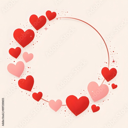 Round frame embraced with red and pink hearts and sparkling glitter on light background.