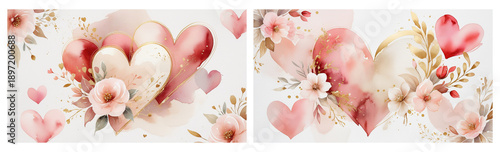 Romantic Watercolor Hearts with Flowers on Transparent Background for Wedding Invitations, Valentine’s Day Cards, Love-Themed Prints, Branding and Decorative Design.