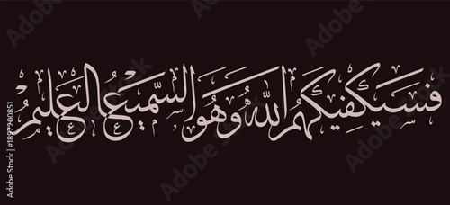 Elegant Arabic calligraphy art featuring the Quranic verse Fasayakfikahumullahu wa Huwas Samiul Aleem in Thuluth script ideal for Islamic spiritual and cultural designs