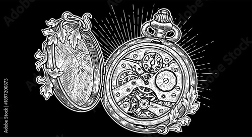 open pocket watch showing exposed gears, decorated with ornamental leaves and radiant background lines sketch engraving generative ai raster illustration. Scratch board imitation. Black and white