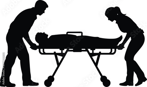 Emergency medical stretcher silhouette, paramedics transporting patient, hospital rescue teamwork, healthcare professionals vector illustration black