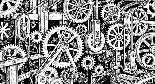 interconnected gears, wheels, pulleys, and chains representing machinery, mechanics, or engineering systems sketch engraving generative ai raster illustration. Scratch board imitation. Black and white