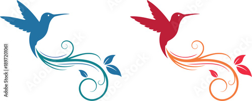 Colorful hummingbird vector illustration with floral swirls and leaves design