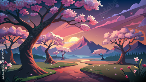 Very beautiful cherry blossom trees glowing at dusk with soft pink flowers, distant mountains in the background, and a peaceful twilight sky enhancing romantic spring atmosphere.