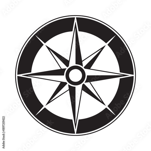 A simple black and white compass rose illustration depicting the cardinal directions and intermediate points high quality
