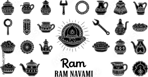 Black and White Line Art Icons of Hindu Religious Items for Ram Navami Celebration