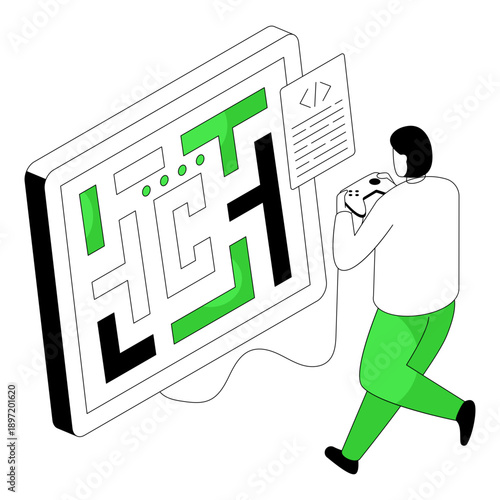 Conceptual flat isometric design illustration of game coding 