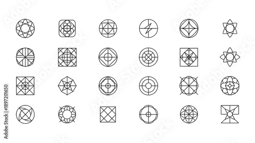 Collection of thirty abstract geometric minimalist line art icons featuring various symmetrical shapes such as circles squares and unique interwoven patterns suitable for branding or logos.