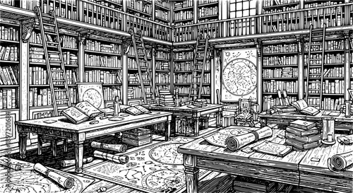 vintage library with star charts, tall shelves, rolling ladders, and ancient scrolls sketch engraving generative ai vector illustration. Scratch board imitation. Black and white image