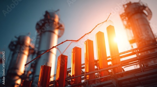 A financial chart overlays an industrial complex with smokestacks, bathed in sunlight, suggesting growth and prosperity