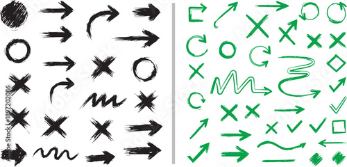 A comprehensive set of hand-drawn vector elements featuring black and red arrows, circles, stars, and geometric shapes in a mix of sketchy line art and bold, textured marker styles.