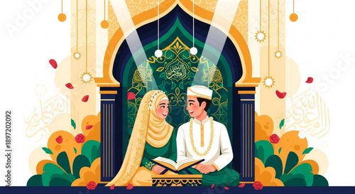 Couple reading together in traditional islamic attire in ornate archway with flowers