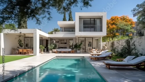 Modern luxury home exterior with swimming pool and patio on a sunny day