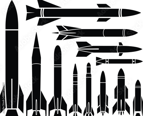 Missile and rocket silhouettes set, military weapon collection, ballistic rockets, defense technology black vector illustration