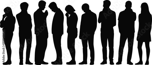 People standing in line silhouette, waiting queue concept, diverse human figures, social behavior, crowd illustration vector