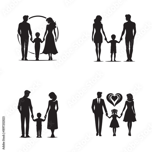Silhouettes of loving families walking together, symbolizing unity and parental bond