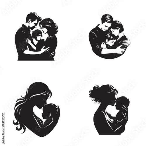 Heartfelt family embraces and tender mother-child bonding moments in silhouette art