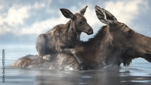 Moose and calf in water wildlife scene nature and environment concept