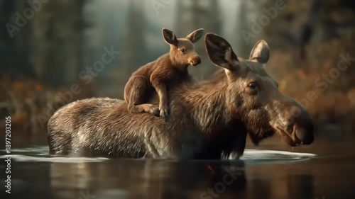 Moose and calf in water wildlife scene in natural habitat
