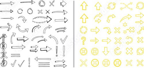 A comprehensive set of hand-drawn vector elements featuring a wide variety of black and yellow arrows, pointers, checkboxes, and exclamation marks in various energetic sketch styles.