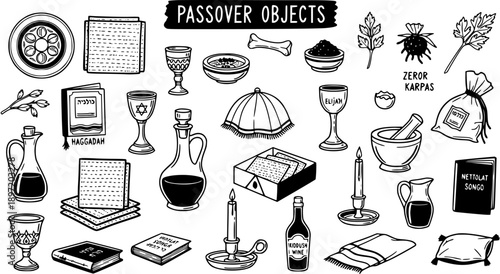 Hand-drawn Black and White Line Art Doodle Set of Jewish Passover Seder Objects and Ritual Symbols for Religious Holiday Celebrations