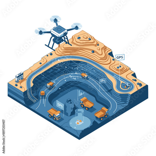 Isometric illustration of a drone surveying a construction site with various vehicles and infrastructure.