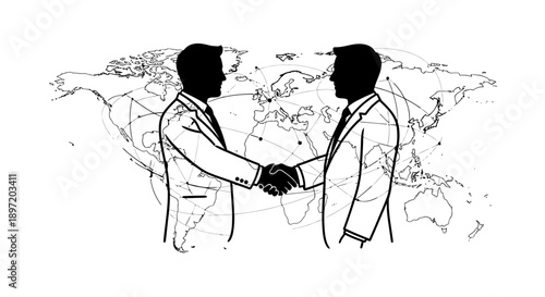 global business partnership two men shaking hands over a world map with network connections illustrating international collaboration and deal.