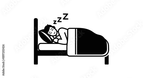 minimalist black and white icon of a person sleeping peacefully in bed with zzz symbols illustrating deep rest and relaxation.