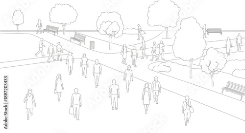 line art illustration of people walking through an urban park trees and benches depicting modern city life and diverse community spirit.