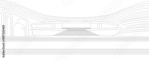 Abstract architectural of a futuristic building with flowing curves and grand staircase architectural futuristic building