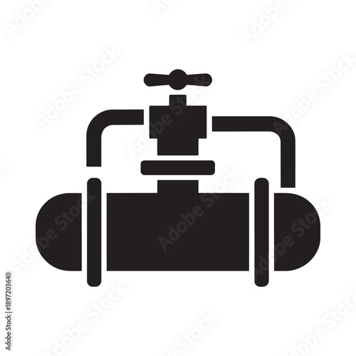 A simple black silhouette depicts a plumbing valve connected to a cylindrical pipe system high quality professional