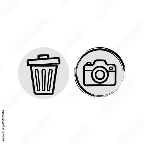 Delete camera icon and trash can icon on white background. Symbol for deleting photos or media files.