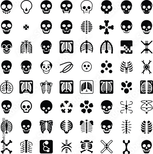 Skull and skeleton icons set, bones anatomy symbols, medical xray silhouettes, danger warning graphics, black vector illustration