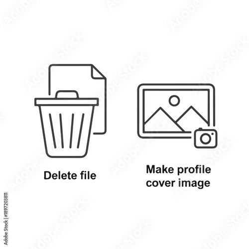 Digital file management and profile customization icons: delete document and set cover image for web and app interfaces, vector illustration.