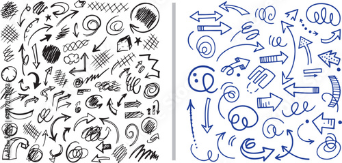 A large collection of hand-drawn vector arrows, swirls, and abstract scribbles in black and blue ink. Featuring diverse sketchy styles perfect for creative annotations and flow diagrams.