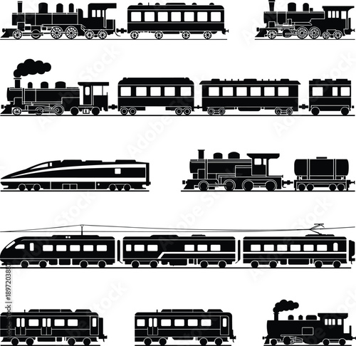 Train silhouette icons set, steam locomotive passenger freight high speed railway transport collection, black vector symbols pack, cad drawing flat vector illustration