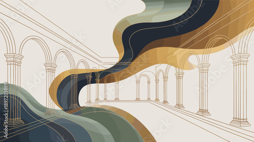 Abstract organic shapes in deep blues and warm golds flow through a classical architectural setting with arches and columns